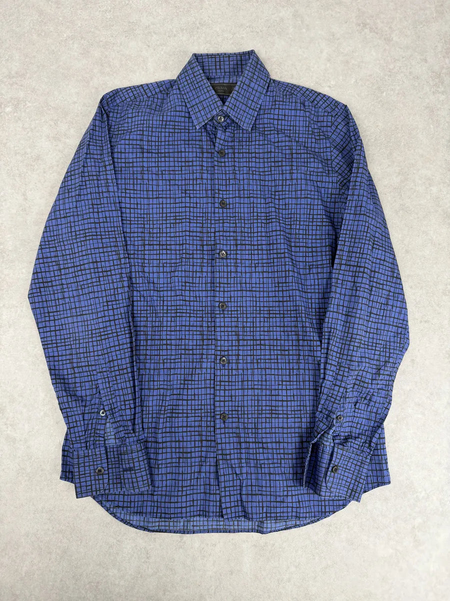 SS02018 Prada Blue & Black Checkered Abstract Shirt dWeKwCy 0