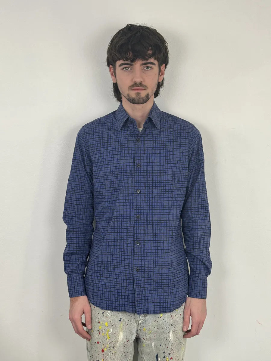 SS02018 Prada Blue & Black Checkered Abstract Shirt dWeKwCy 1