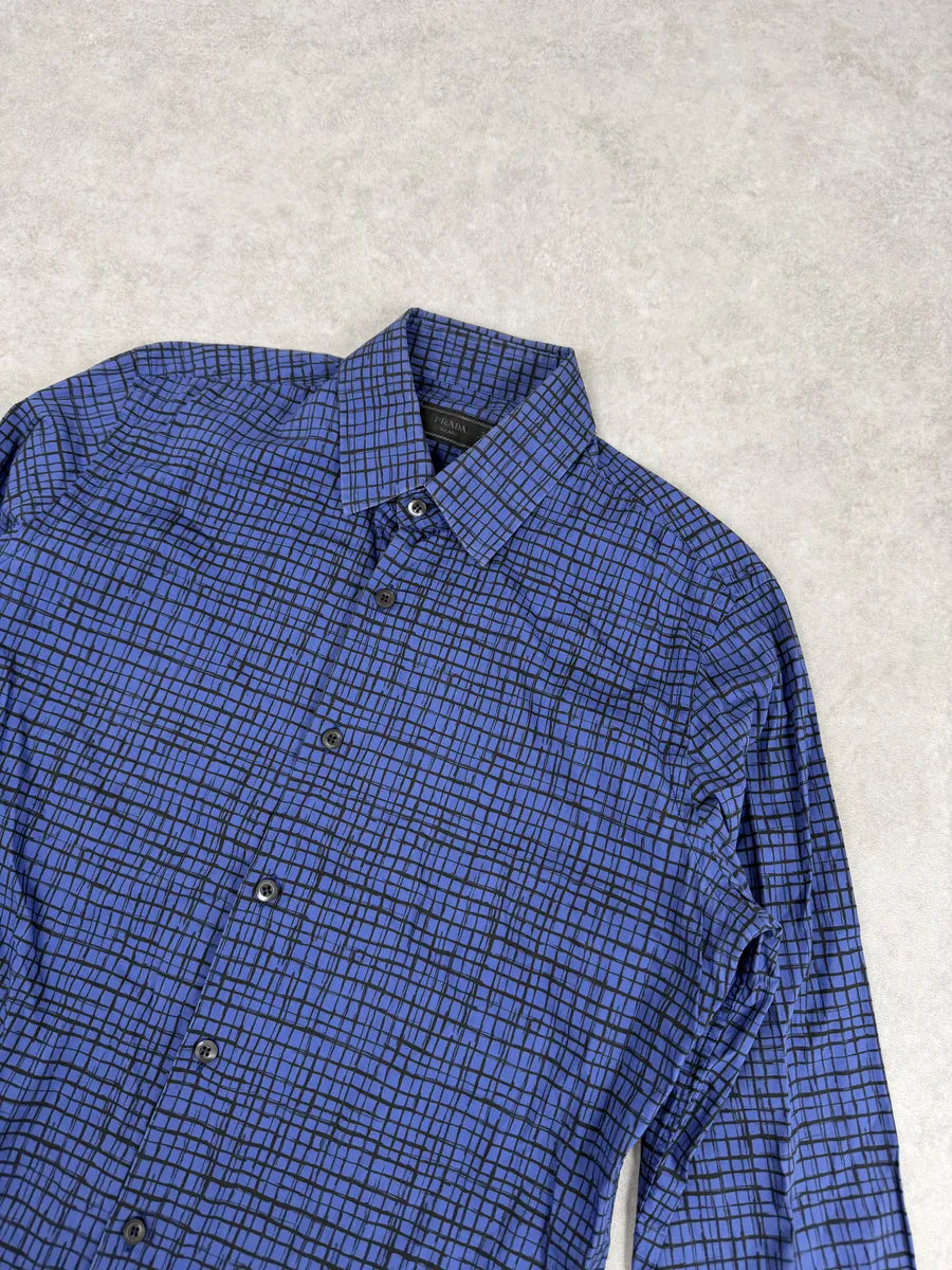 SS02018 Prada Blue & Black Checkered Abstract Shirt dWeKwCy 10