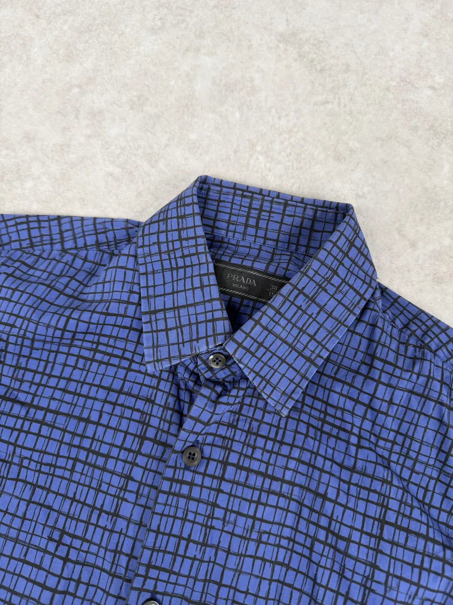 SS02018 Prada Blue & Black Checkered Abstract Shirt dWeKwCy 11