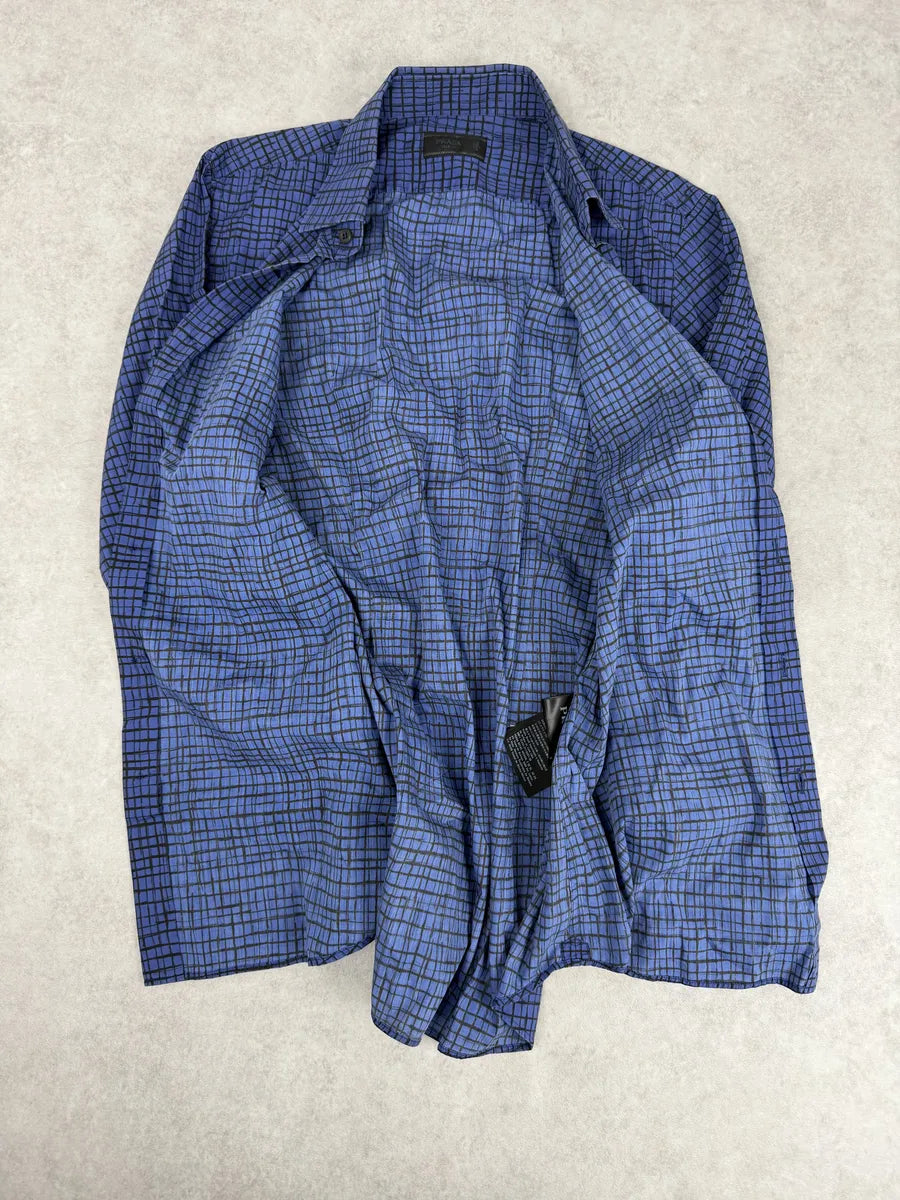 SS02018 Prada Blue & Black Checkered Abstract Shirt dWeKwCy 5