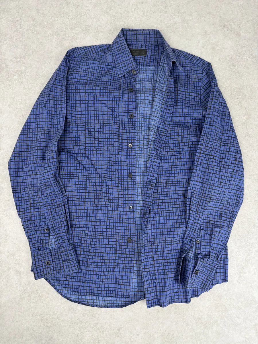 SS02018 Prada Blue & Black Checkered Abstract Shirt dWeKwCy 6