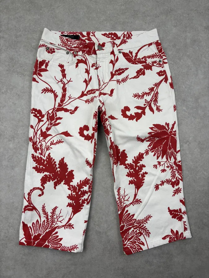 SS2000 Gucci White & Red Floral Long Denim Shorts by Tom Ford PwqpNgn 0