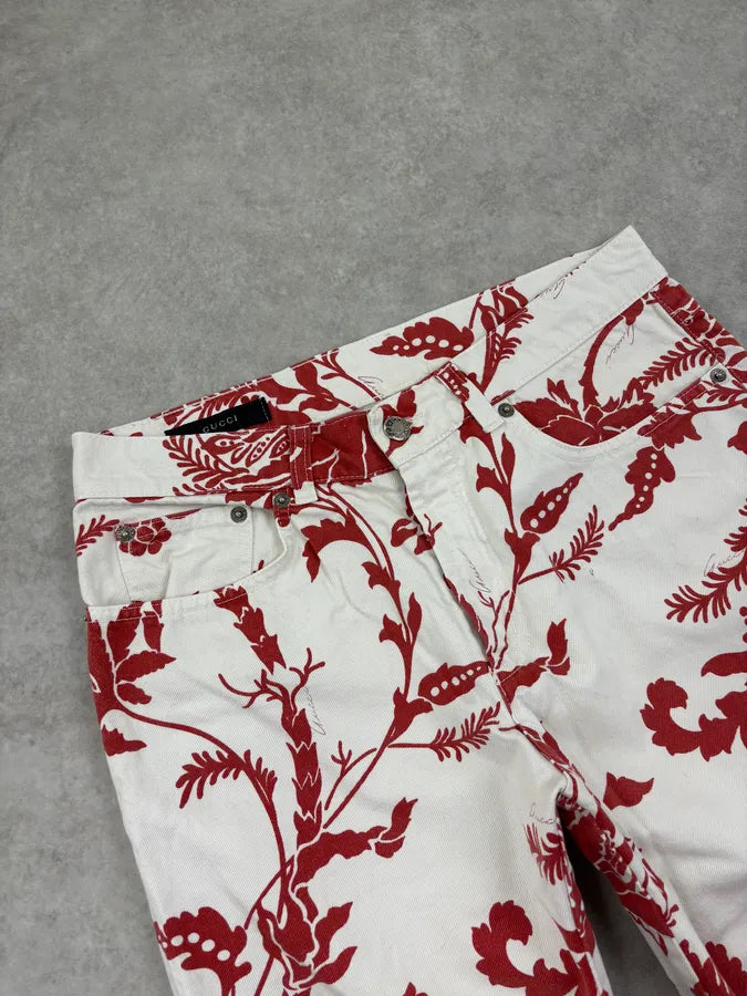 SS2000 Gucci White & Red Floral Long Denim Shorts by Tom Ford PwqpNgn 6