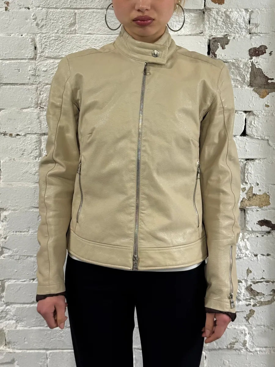 SS2000 Prada Beige Moto Padded Leather Jacket yUTIWsZ 1