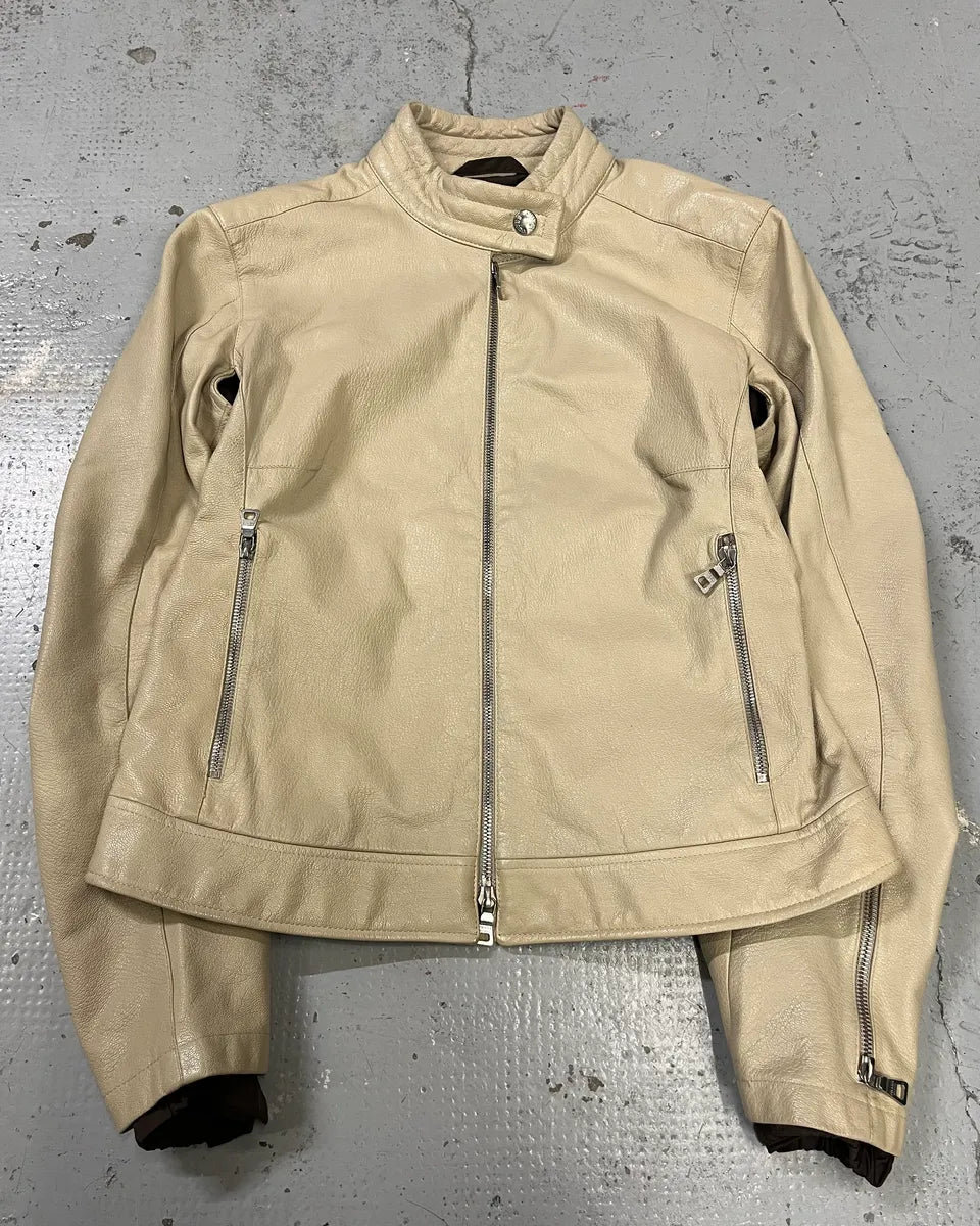 SS2000 Prada Beige Moto Padded Leather Jacket yUTIWsZ 3