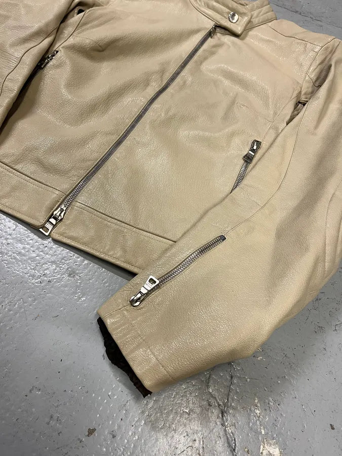 SS2000 Prada Beige Moto Padded Leather Jacket yUTIWsZ 5
