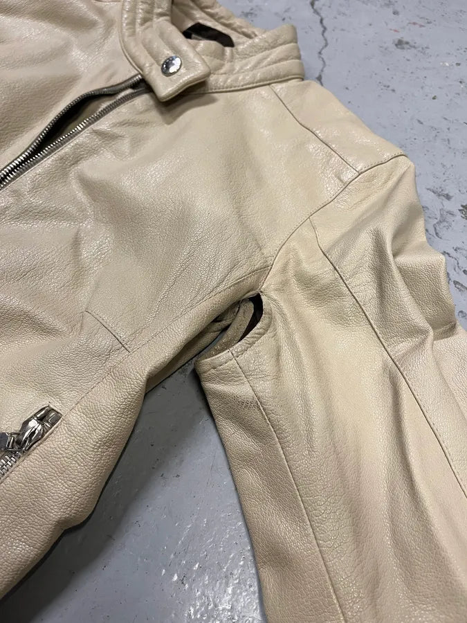 SS2000 Prada Beige Moto Padded Leather Jacket yUTIWsZ 6