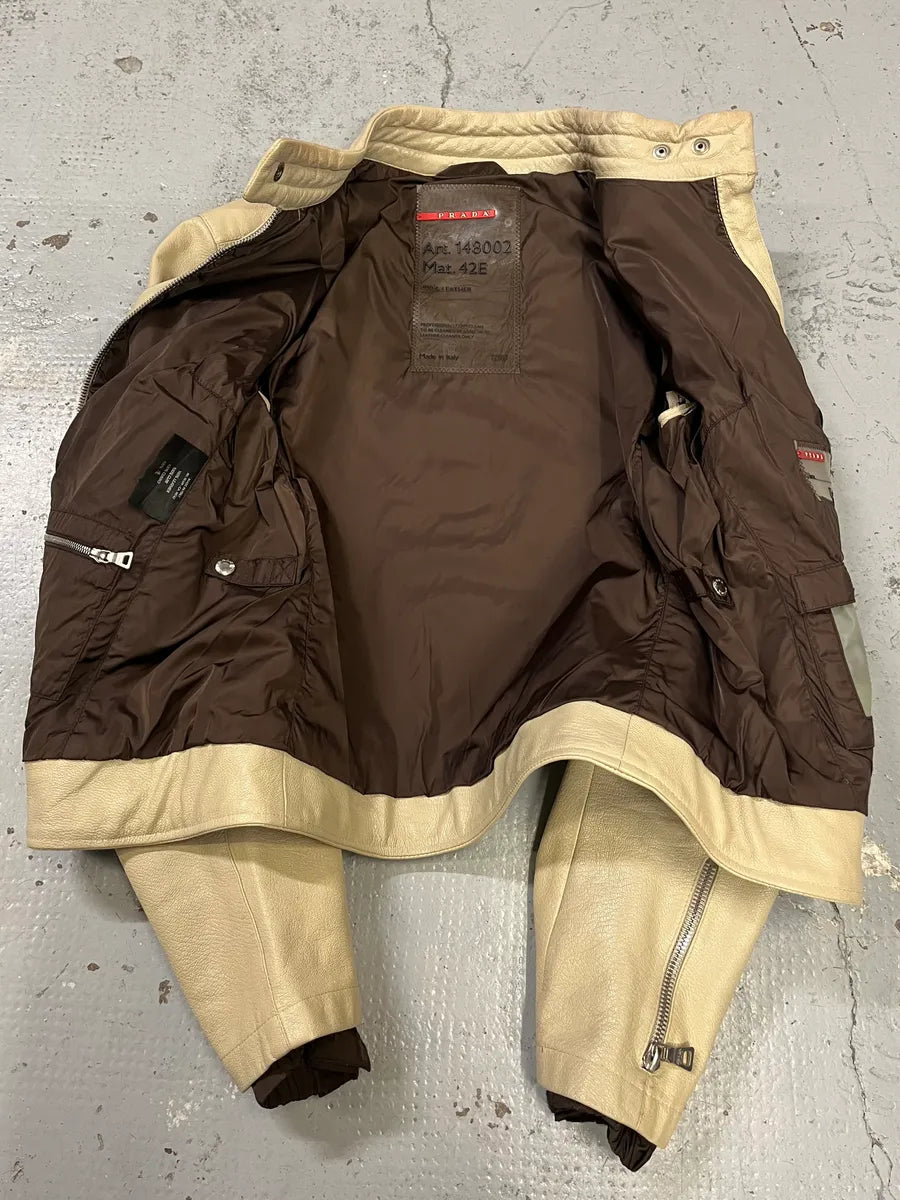 SS2000 Prada Beige Moto Padded Leather Jacket yUTIWsZ 8