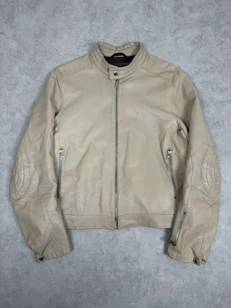 SS2000 Prada Beige Padded Biker Leather Jacket LAiIhez 0