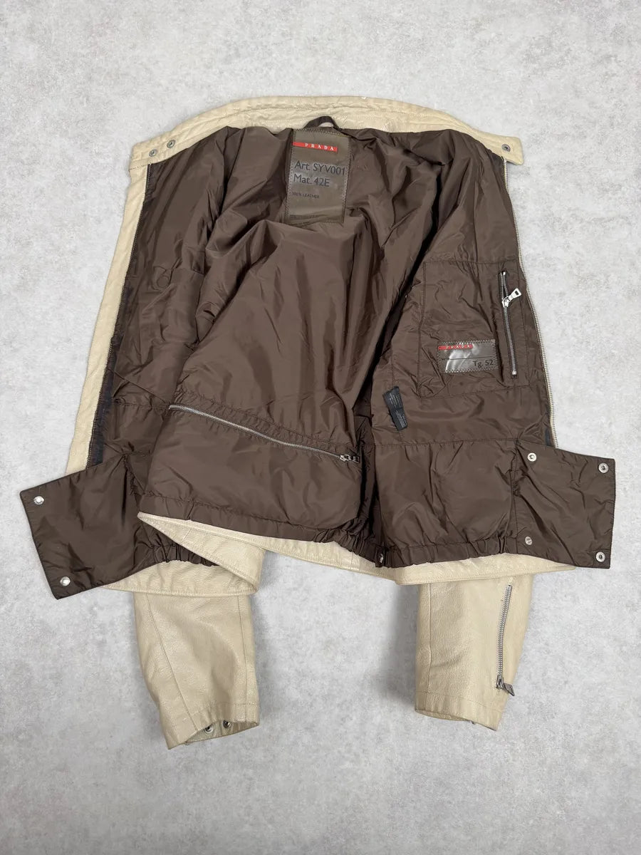 SS2000 Prada Beige Padded Biker Leather Jacket LAiIhez 10