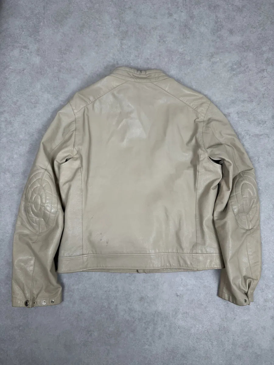 SS2000 Prada Beige Padded Biker Leather Jacket LAiIhez 5