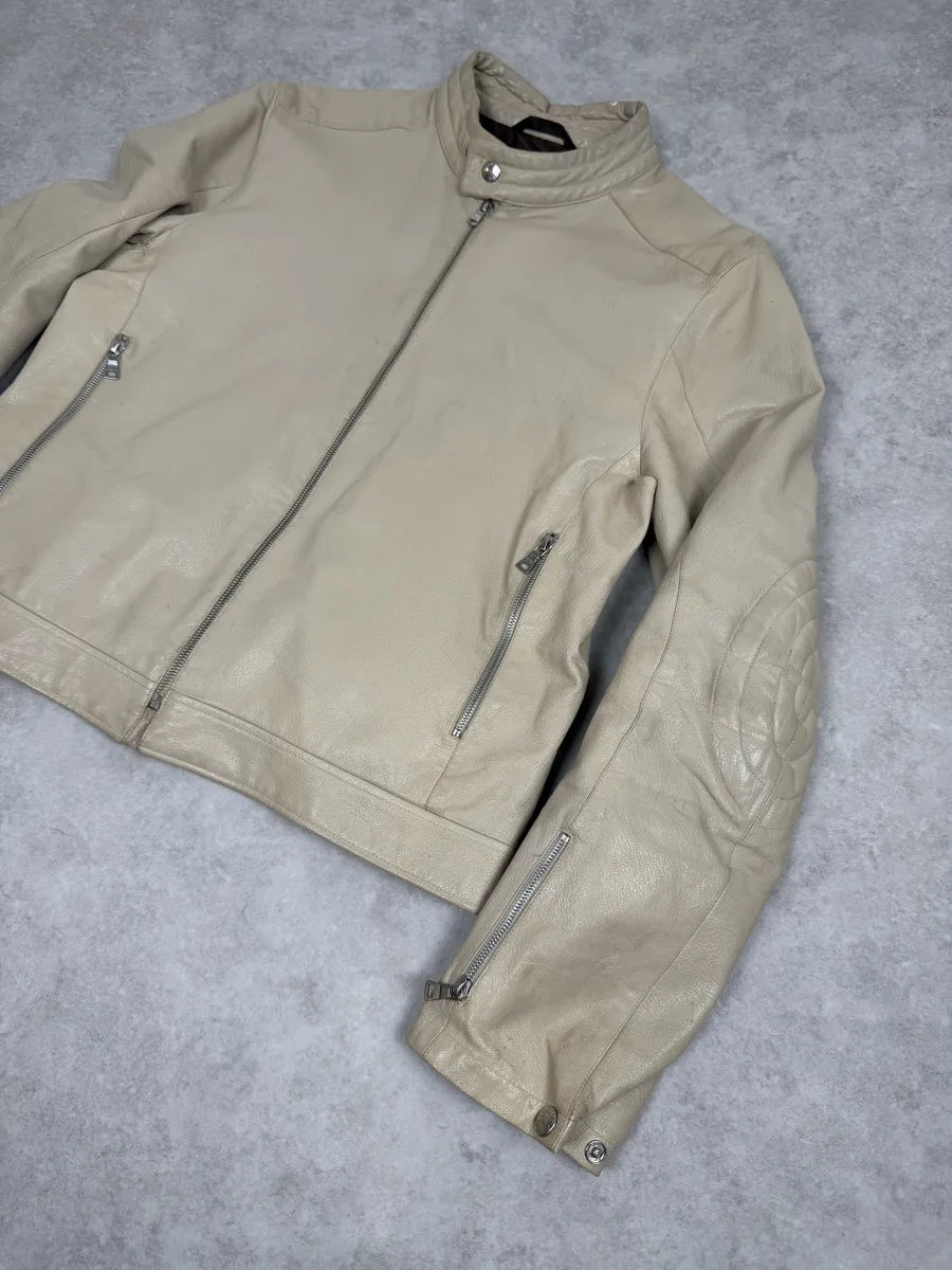 SS2000 Prada Beige Padded Biker Leather Jacket LAiIhez 6