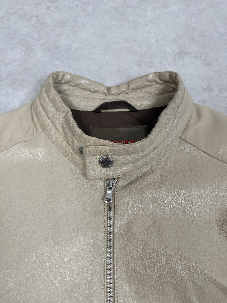 SS2000 Prada Beige Padded Biker Leather Jacket LAiIhez 7