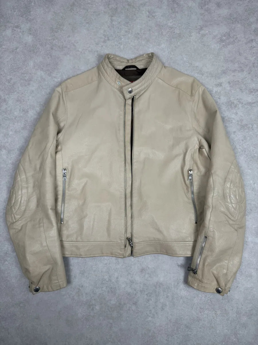 SS2000 Prada Beige Padded Biker Leather Jacket LAiIhez 8