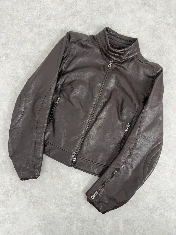 SS2000 Prada Brown Padded Biker Leather Jacket YwwjEuH 3