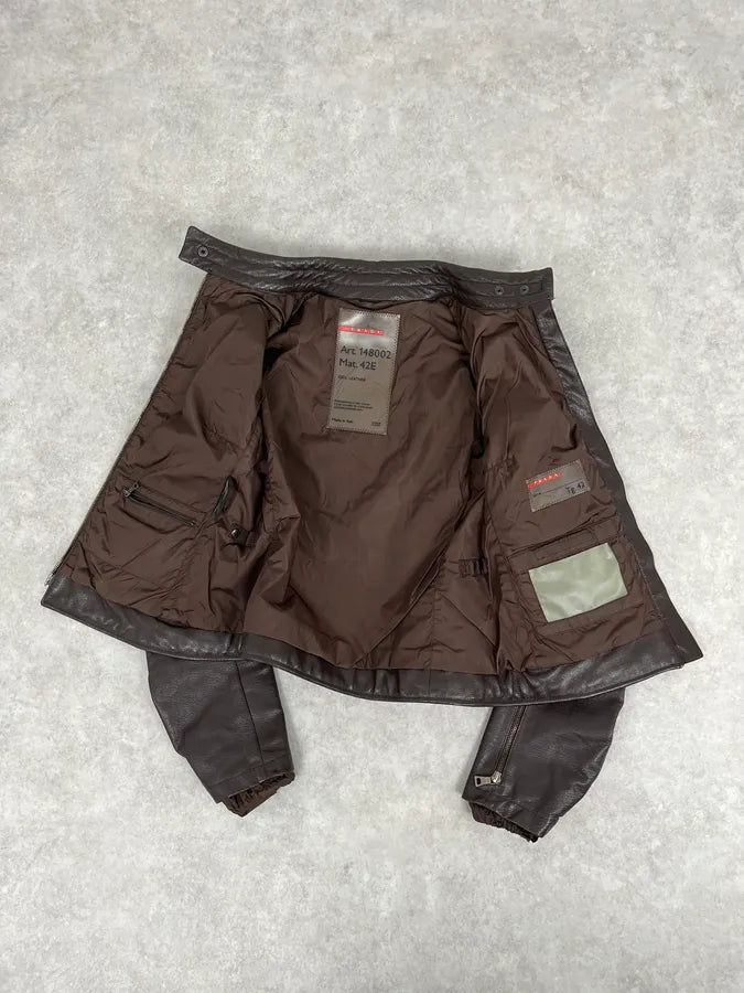 SS2000 Prada Brown Padded Biker Leather Jacket YwwjEuH 9