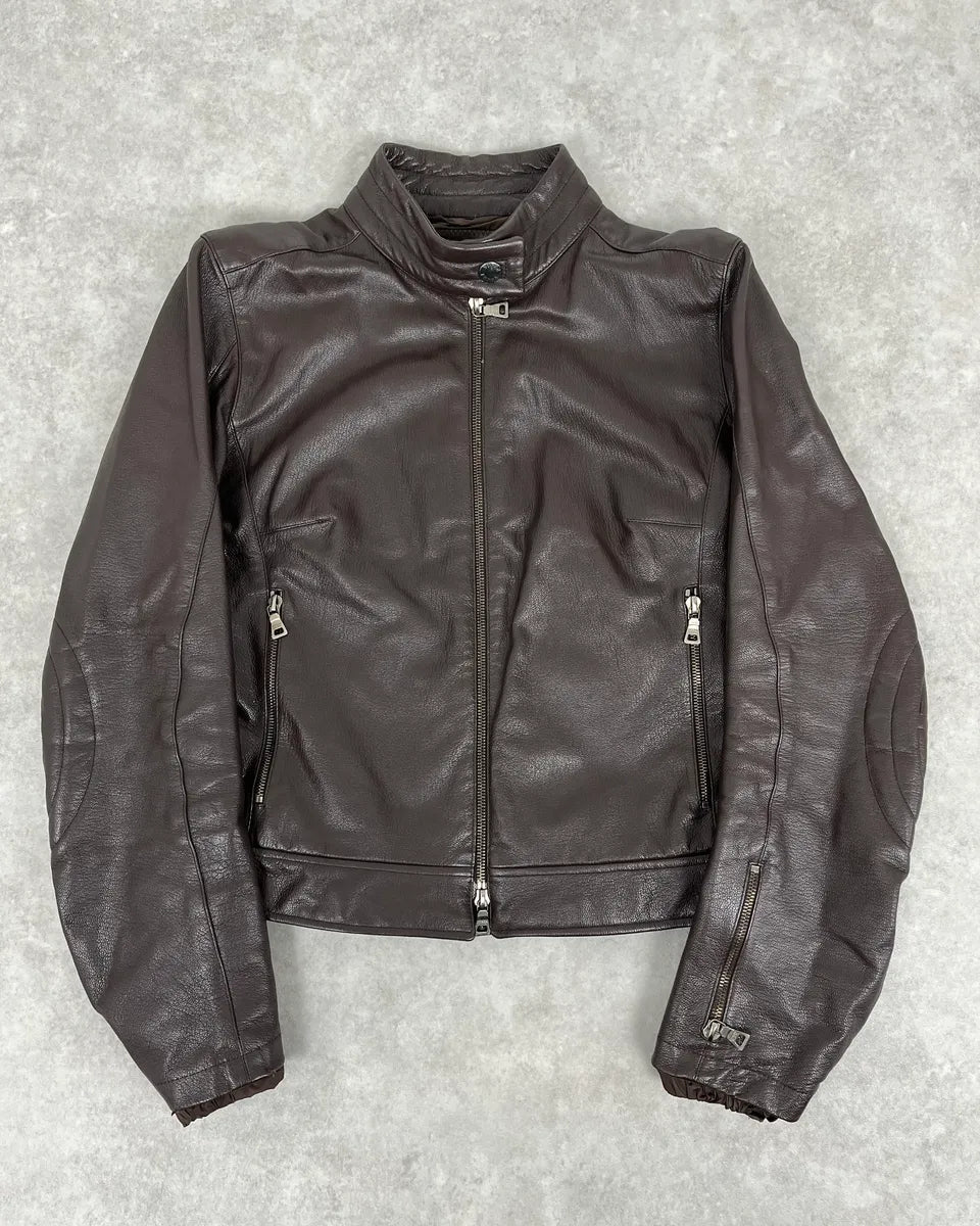SS2000 Prada Brown Padded Biker Leather Jacket YwwjEuH 0