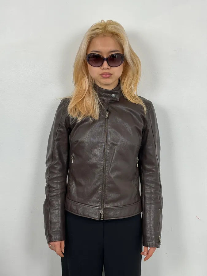 SS2000 Prada Brown Padded Biker Leather Jacket YwwjEuH 1