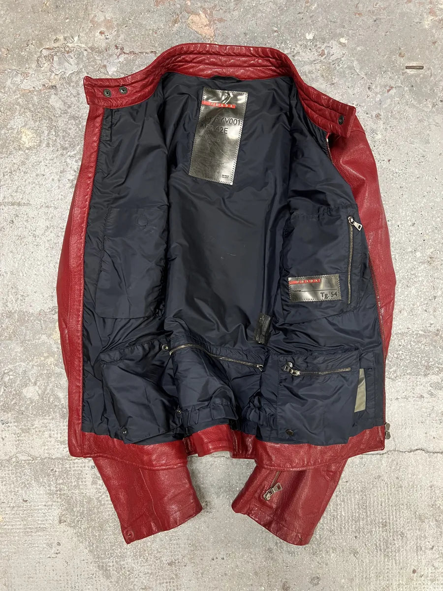 SS2000 Prada Padded Biker Red Leather Jacket (L) 4