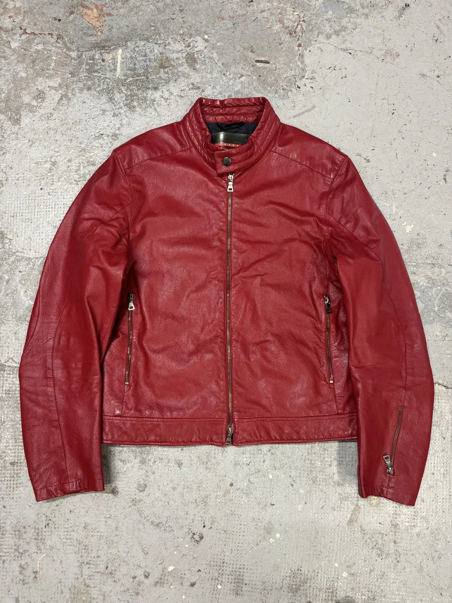 SS2000 Prada Red Biker Padded Leather Jacket aNQtcbP 0