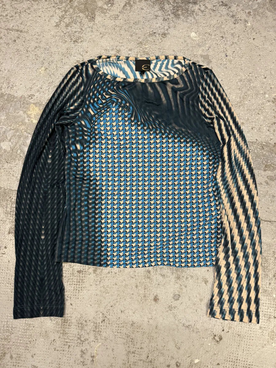 SS2001 Cavalli Blue Psychedelic Pixel Mesh Longsleeves Top eblGboi 0