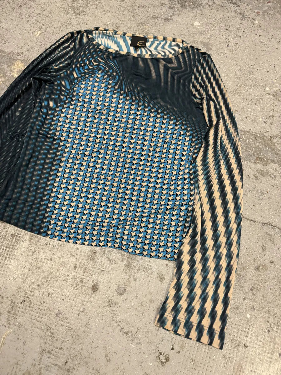 SS2001 Cavalli Blue Psychedelic Pixel Mesh Longsleeves Top eblGboi 2