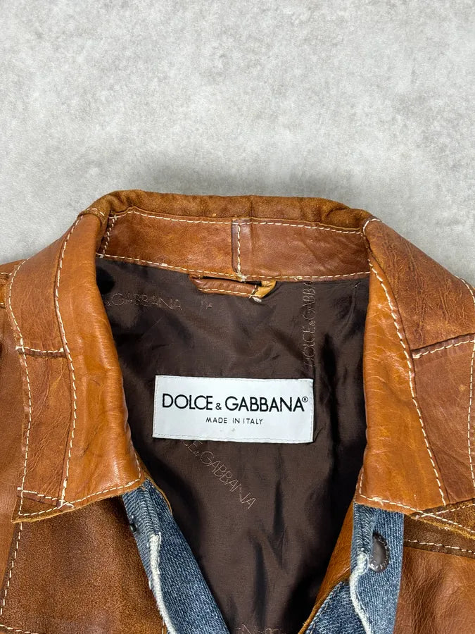 SS2001 Dolce & Gabbana Brown Patchwork Leather Denim Jacket TLXttoM 3