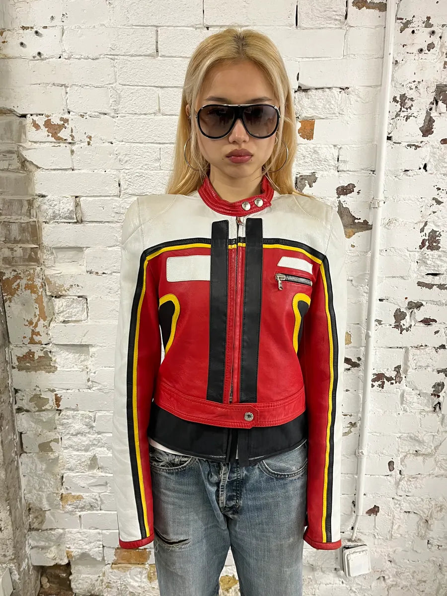 SS2001 Dolce & Gabbana Red Leather Crop Moto Jacket rlQVDPb 2