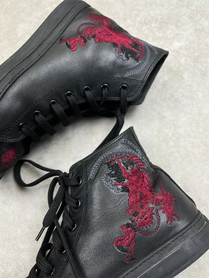 SS2001 Gucci Leather Embroidered Dragon Black Leather High Sneakers ENkUNSI 3
