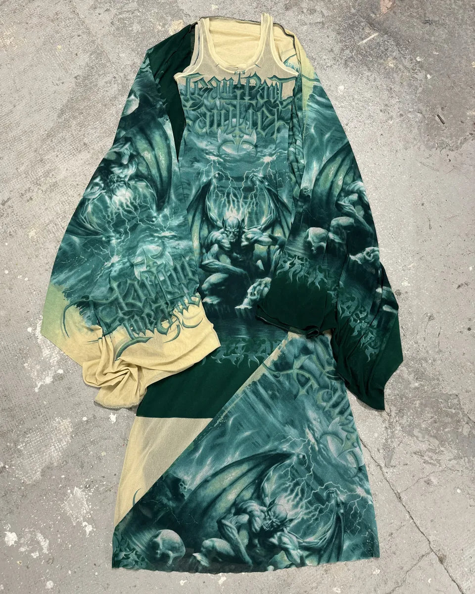 SS2001 Jean Paul Gaultier Satanic Gargoyle Blue Mesh Dress & Sarong  VUECnqW 0