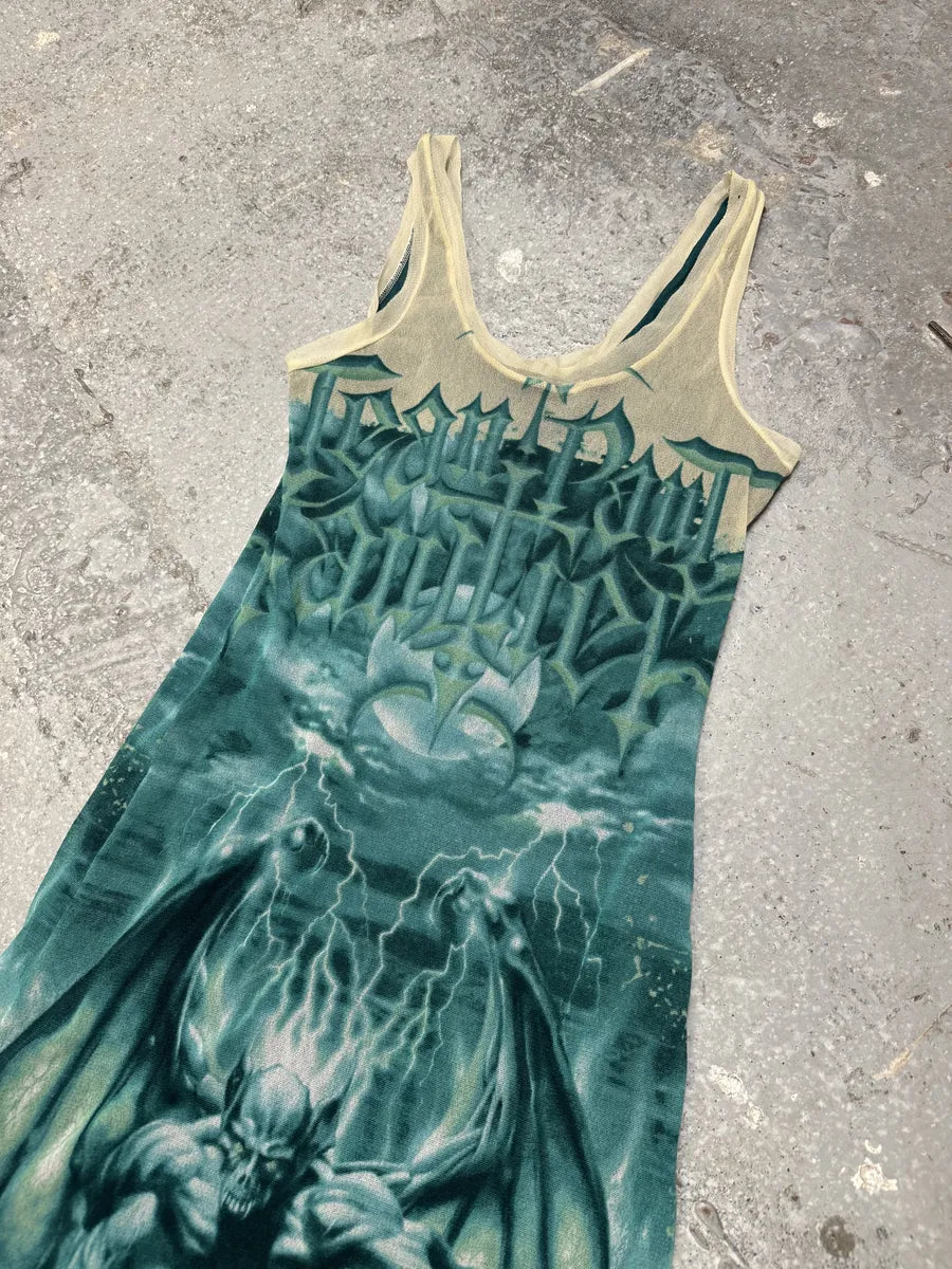 SS2001 Jean Paul Gaultier Satanic Gargoyle Blue Mesh Dress & Sarong  VUECnqW 10