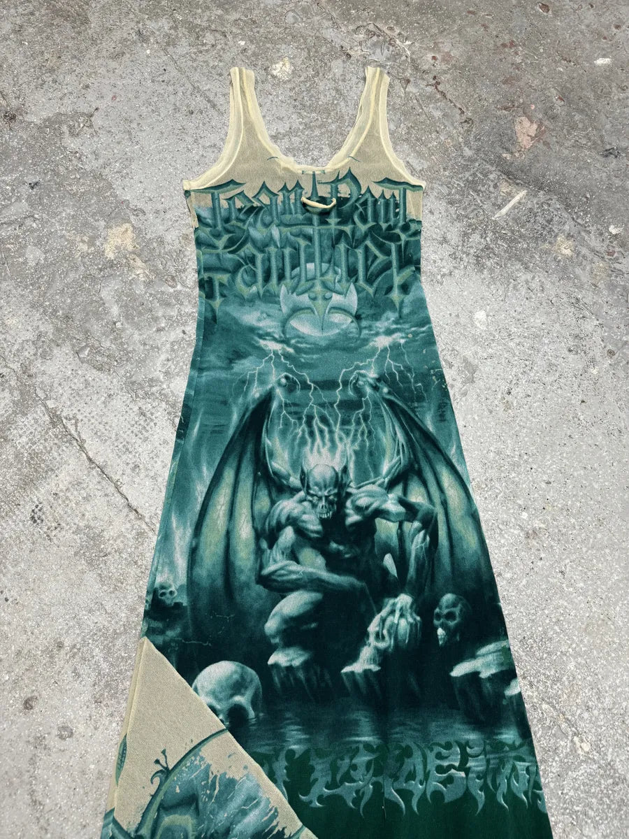 SS2001 Jean Paul Gaultier Satanic Gargoyle Blue Mesh Dress & Sarong  VUECnqW 2