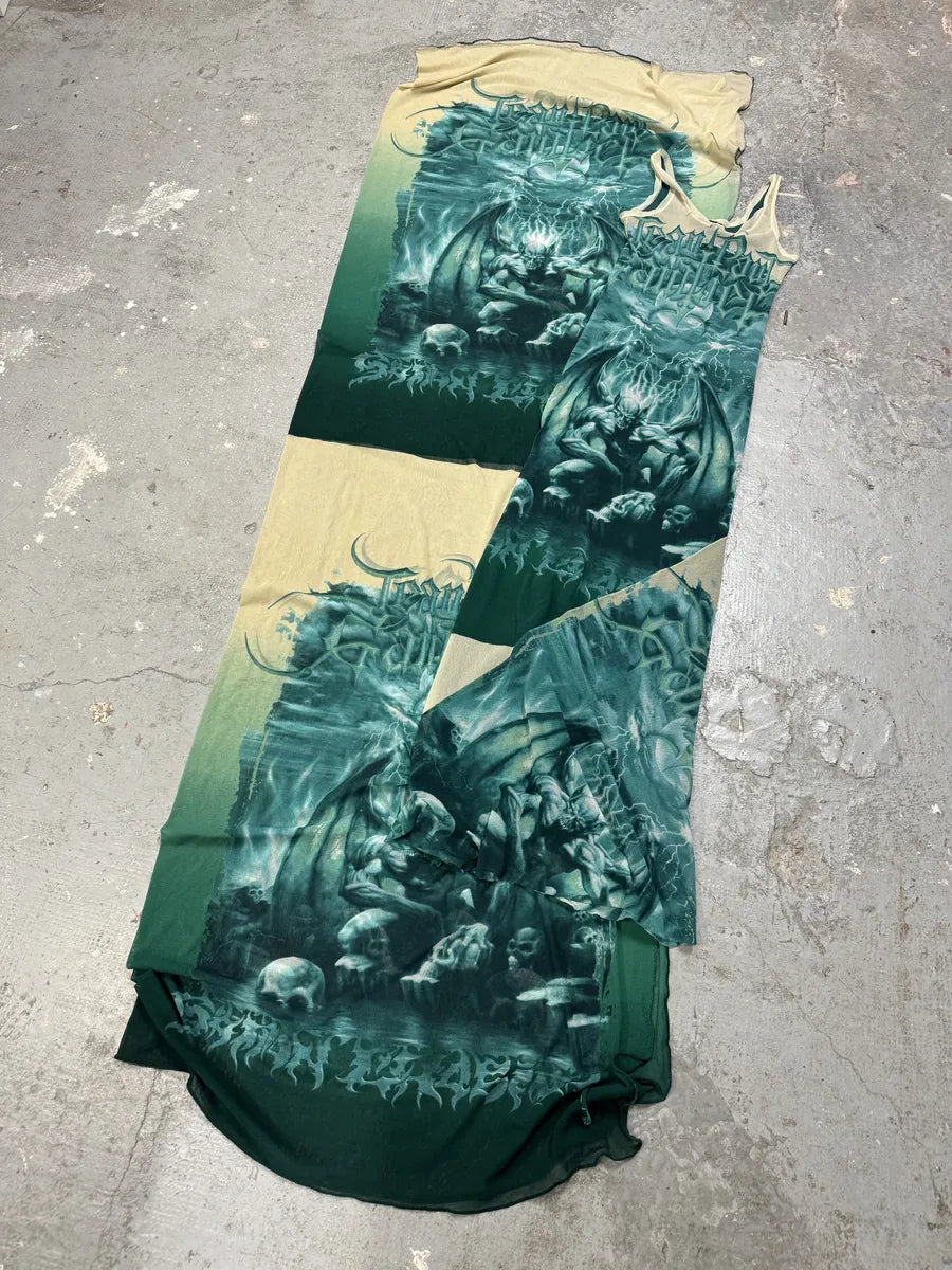 SS2001 Jean Paul Gaultier Satanic Gargoyle Blue Mesh Dress & Sarong  VUECnqW 6