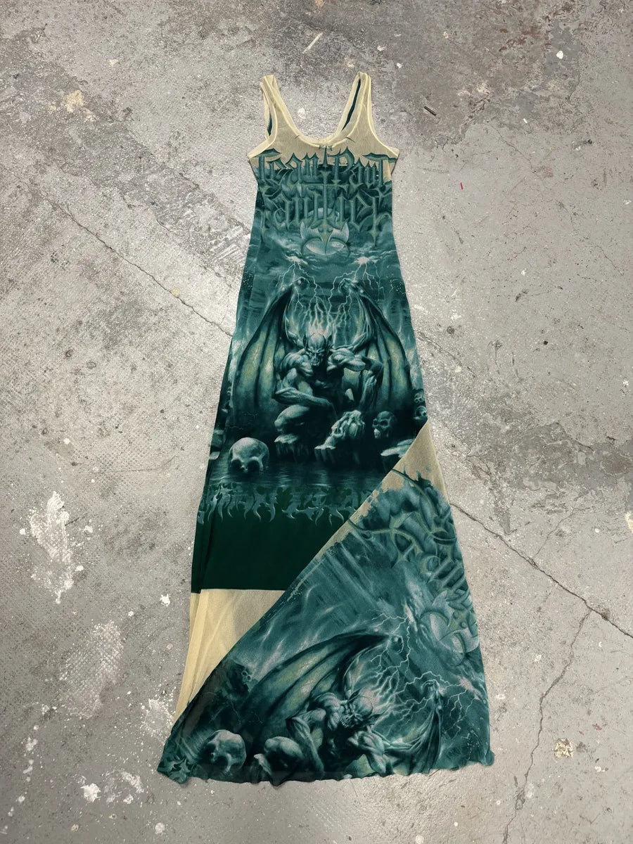 SS2001 Jean Paul Gaultier Satanic Gargoyle Blue Mesh Dress & Sarong  VUECnqW 9