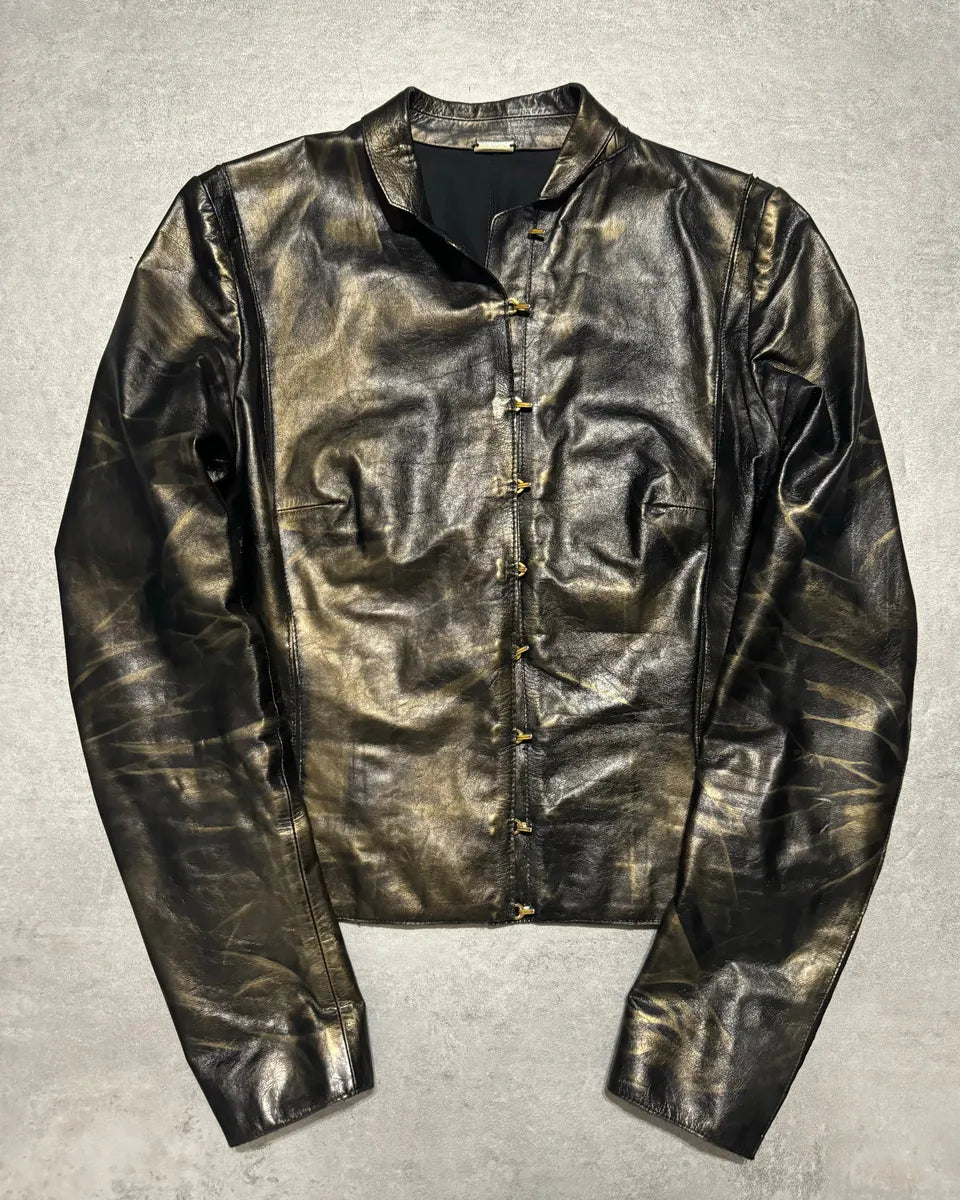 SS2001 Roberto Cavalli Black & Gold Patina Leather Biker Jacket GGYEfIq 0