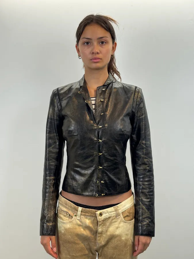 SS2001 Roberto Cavalli Black & Gold Patina Leather Biker Jacket GGYEfIq 2