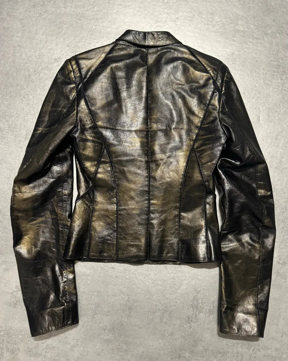 SS2001 Roberto Cavalli Black & Gold Patina Leather Biker Jacket GGYEfIq 3