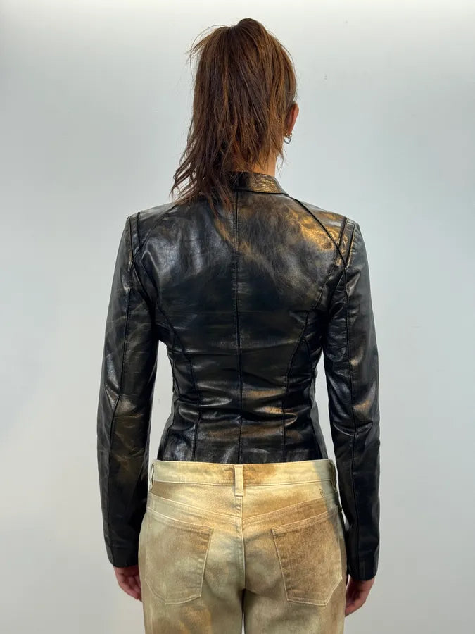 SS2001 Roberto Cavalli Black & Gold Patina Leather Biker Jacket GGYEfIq 3