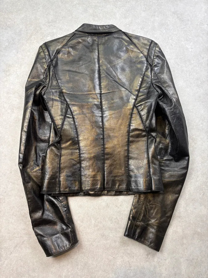 SS2001 Roberto Cavalli Black & Gold Patina Leather Biker Jacket GGYEfIq 6