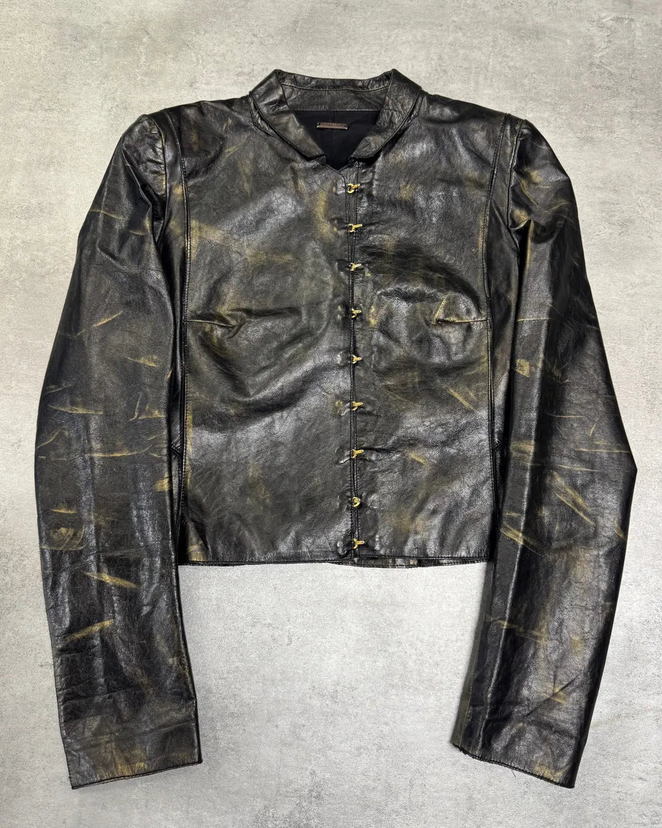 SS2001 Roberto Cavalli Black & Gold Patina Leather Biker Jacket (XS) 0