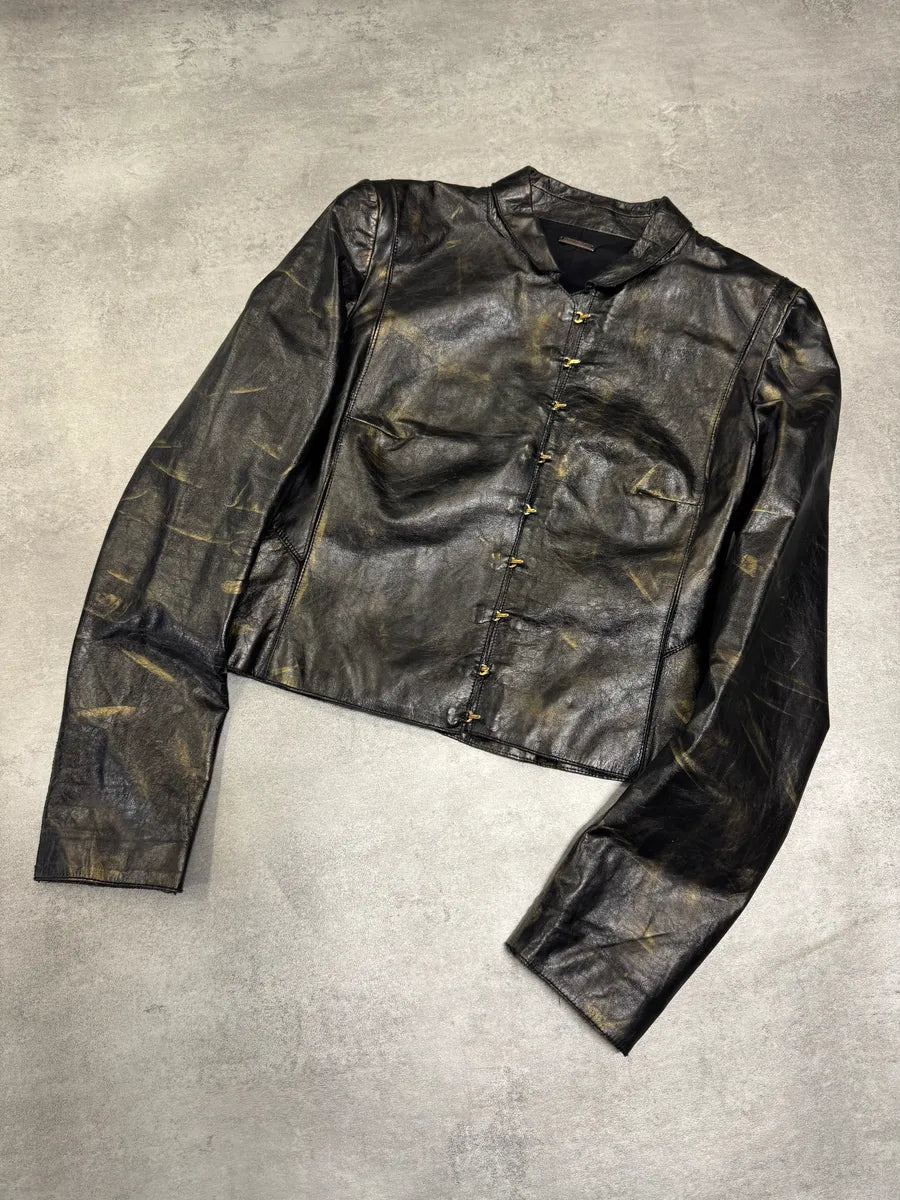 SS2001 Roberto Cavalli Black & Gold Patina Leather Biker Jacket (XS) 3
