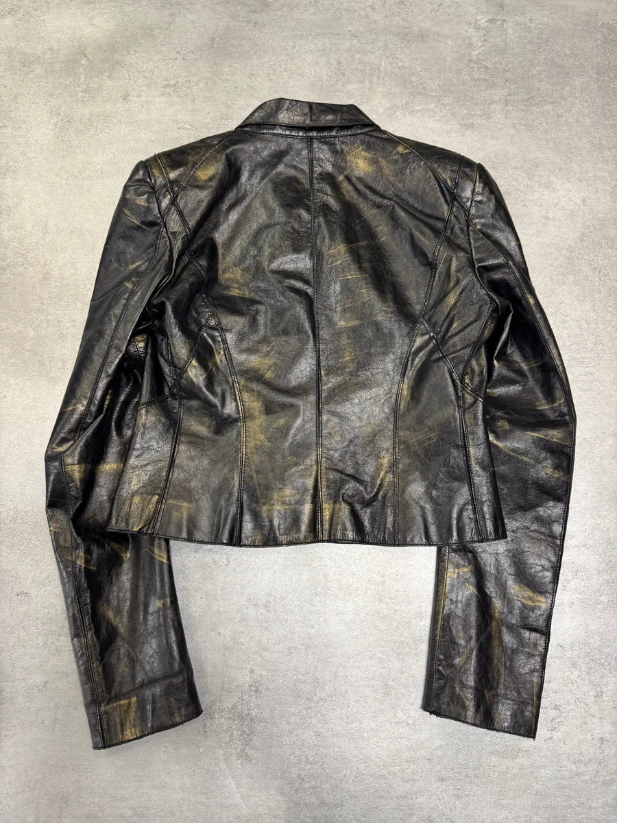 SS2001 Roberto Cavalli Black & Gold Patina Leather Biker Jacket (XS) 4