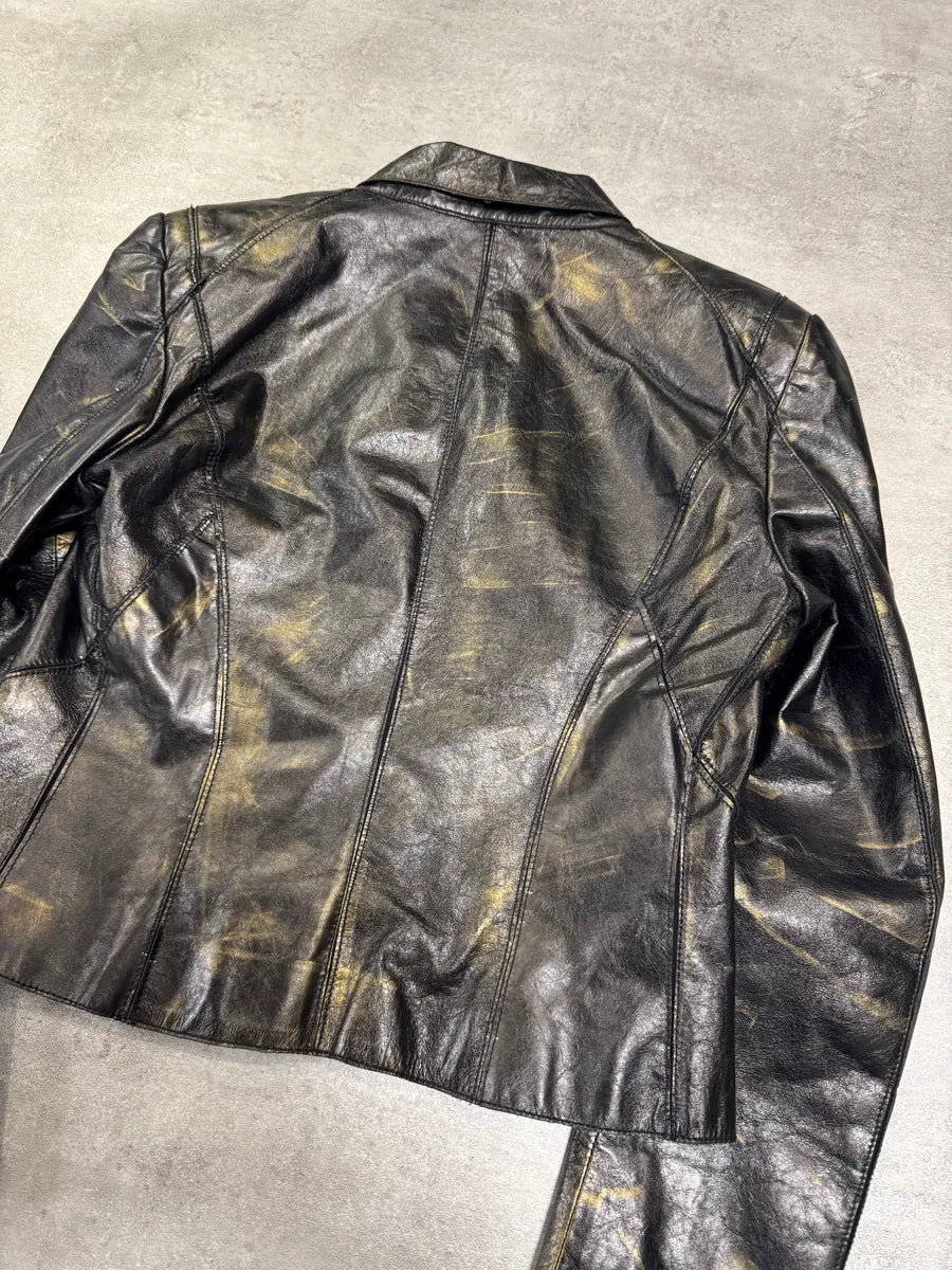 SS2001 Roberto Cavalli Black & Gold Patina Leather Biker Jacket (XS) 5
