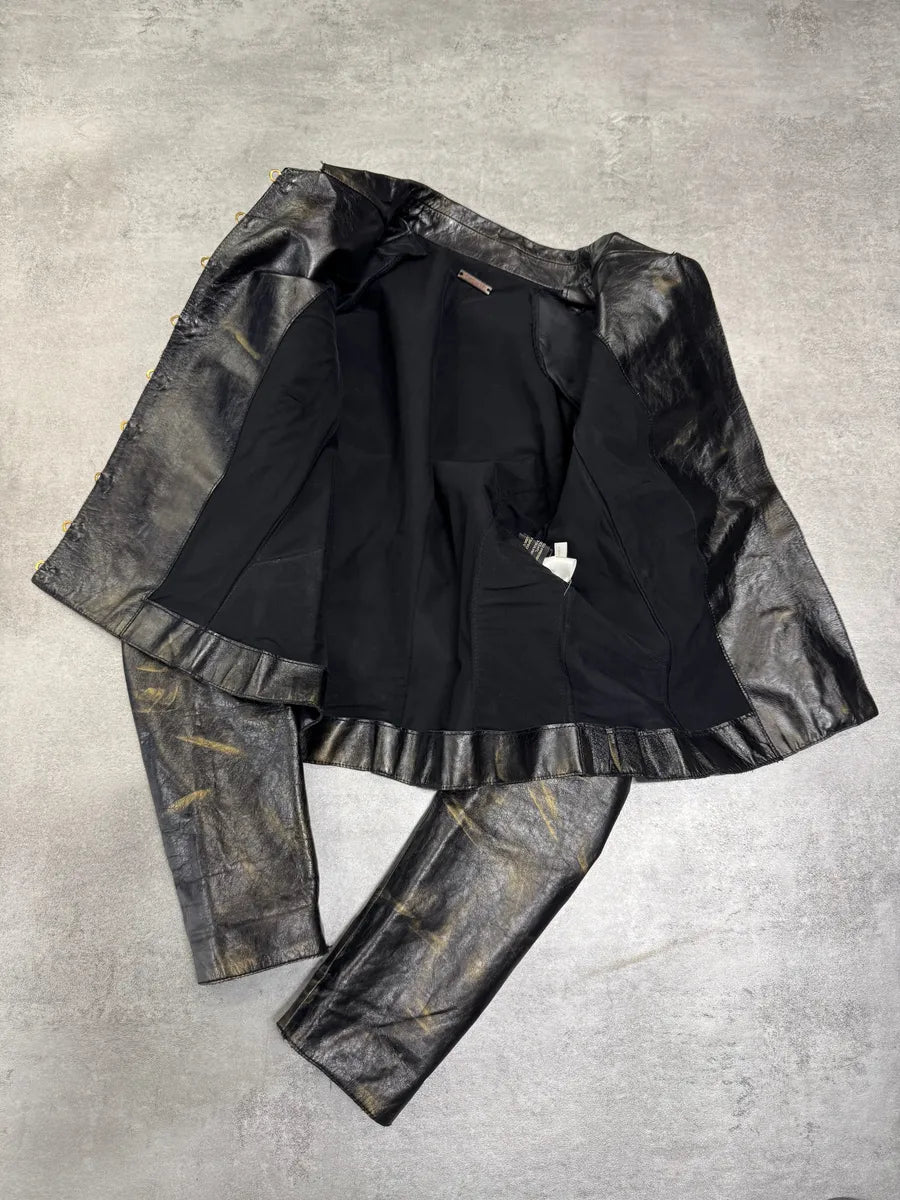 SS2001 Roberto Cavalli Black & Gold Patina Leather Biker Jacket (XS) 8