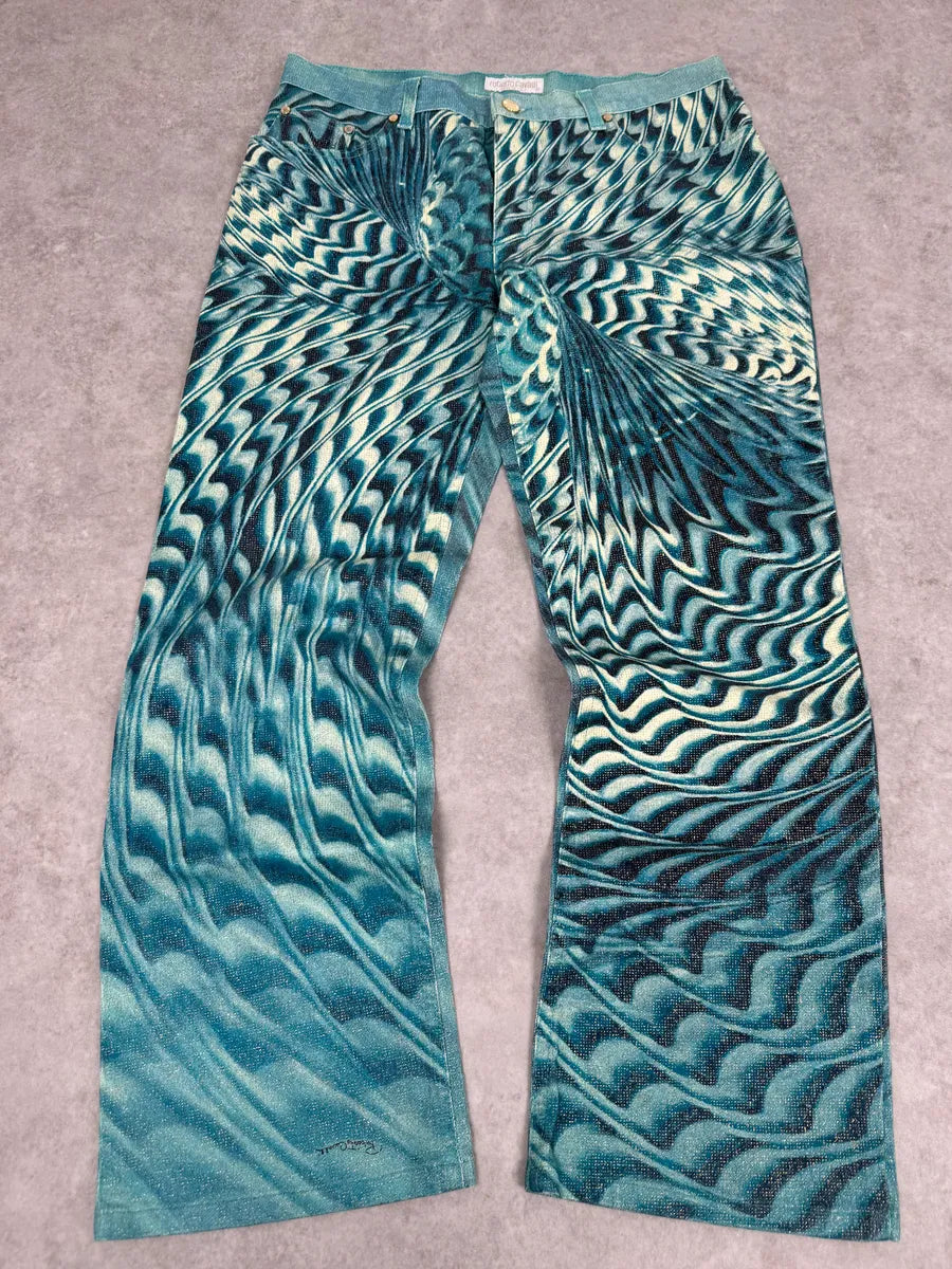 SS2001 Roberto Cavalli Blue Pixel Hallucination Pants WwSorGf 0