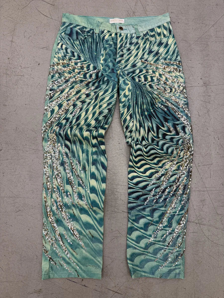 SS2001 Roberto Cavalli Blue Sequin Embellished Wings Pants TmSiLEw 0
