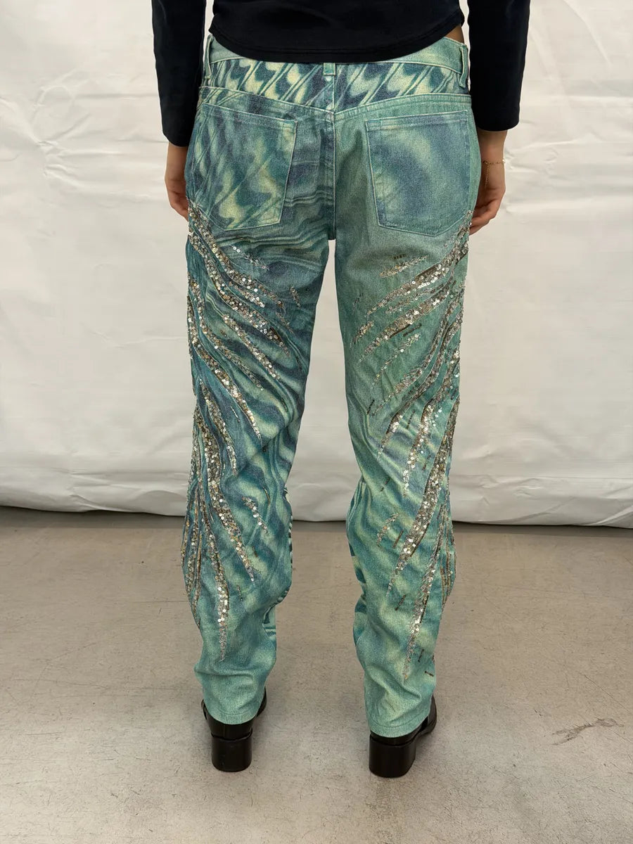 SS2001 Roberto Cavalli Blue Sequin Embellished Wings Pants TmSiLEw 3