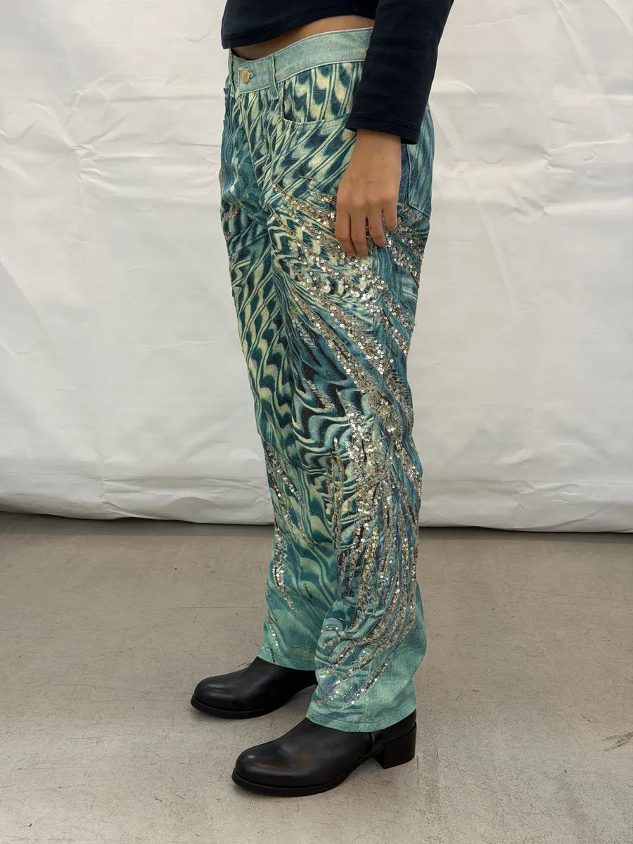 SS2001 Roberto Cavalli Blue Sequin Embellished Wings Pants TmSiLEw 4
