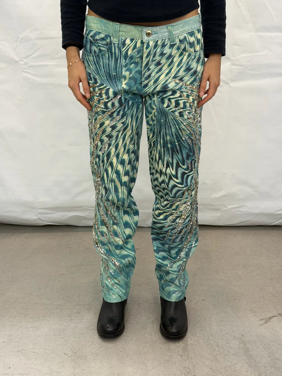 SS2001 Roberto Cavalli Blue Sequin Embellished Wings Pants TmSiLEw 5